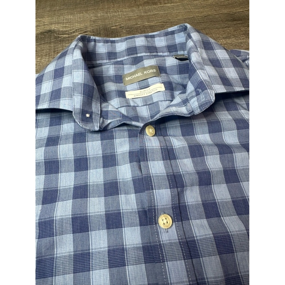 Michael Kors Mens Blue Gingham Airsoft Stretch Slim Fit Button Down Shirt Medium